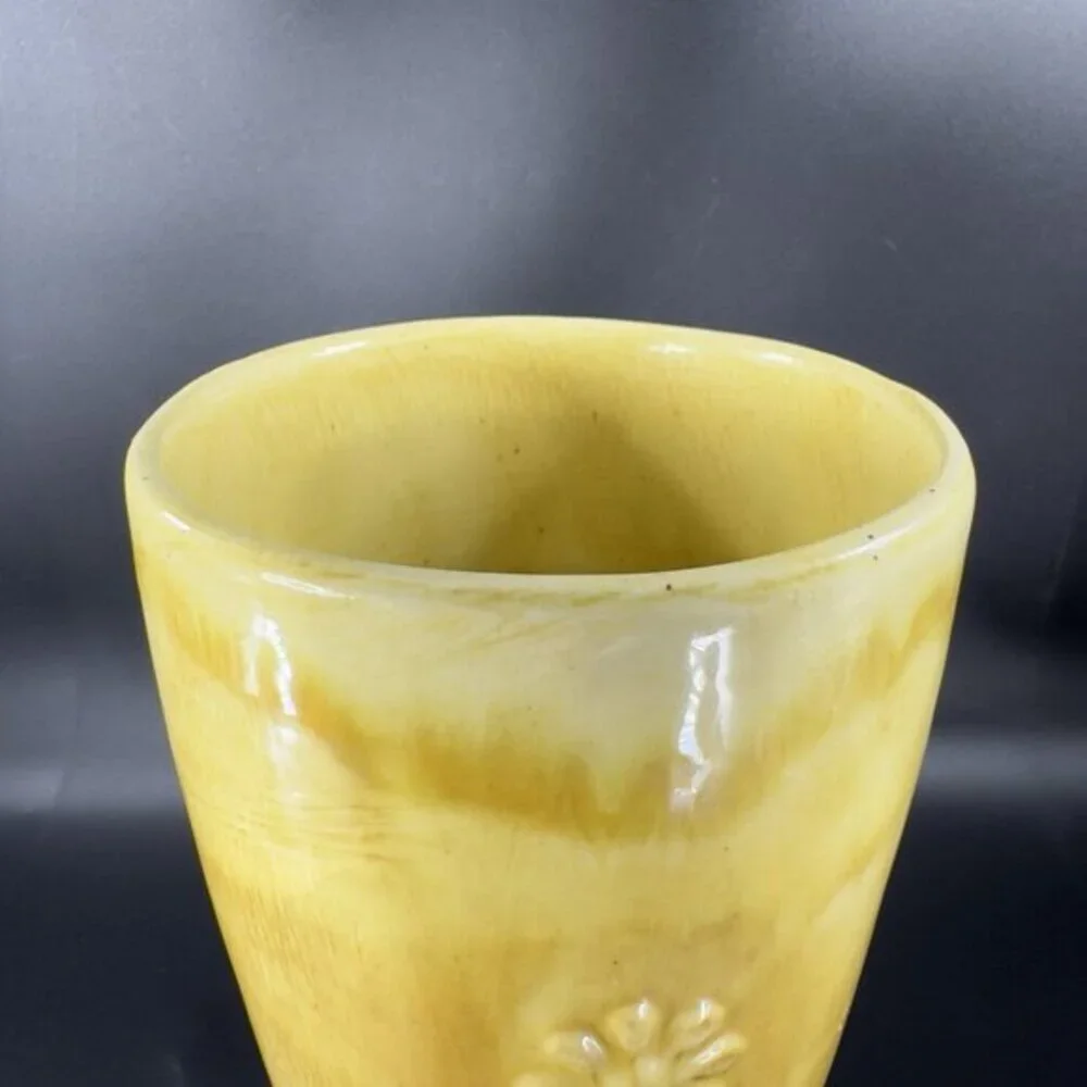 Antique Tall Yellow Pottery Vase‎ Embossed Flower USA Hand Made Vase Vessel VTG